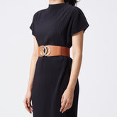 Tan elastic-backed faux leather belt with round gold buckle